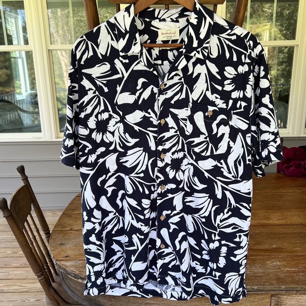 Weatherproof Shirt Men’s Navy Blue Tropical Short Sleeve Button-Up Linen Blend L